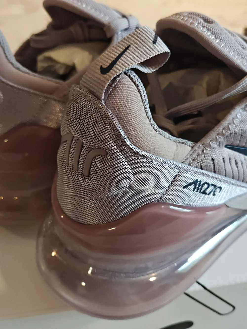 Nike Women’s Air Max 270 Sneakers in Light Taupe with Dark Taupe Swoosh - Picture 3 of 5